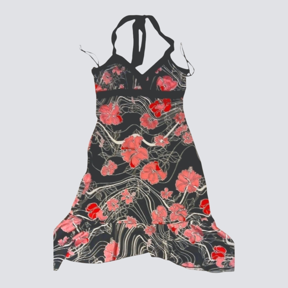 ^Floral Halter Dress - Black and Pink